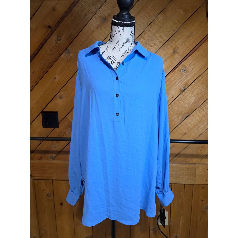 Jones New York Womens XL‎ Blue Horizon Long Sleeve Button Side Tunic Blouse NWT